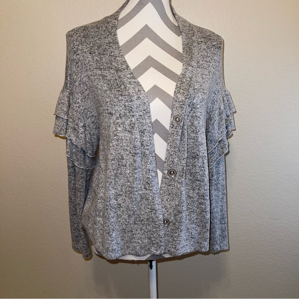Urban Romantics Soft Heather Gray Long Ruffle Sleeve Button Cardigan Small